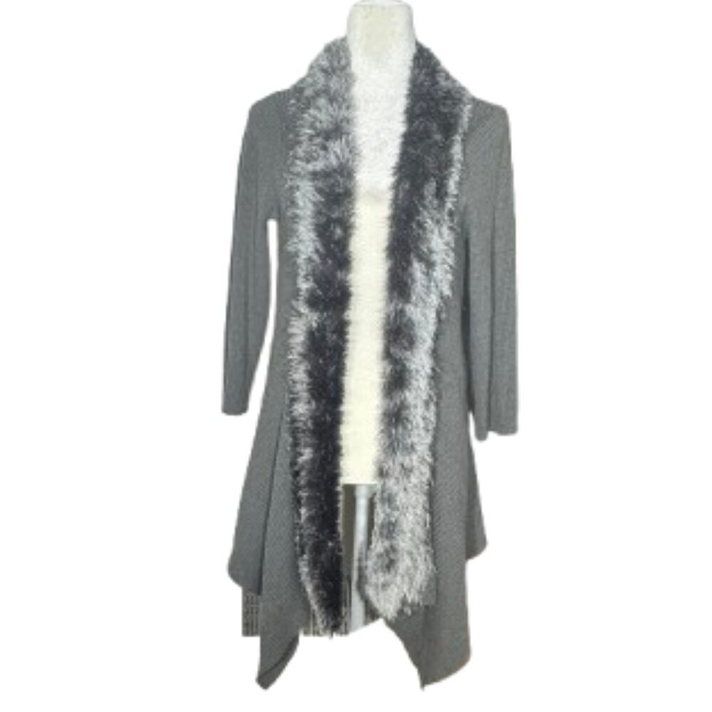Lauren Michelle Gray Knit Open Front Cardigan XL Metallic Silver Faux Fur Trim